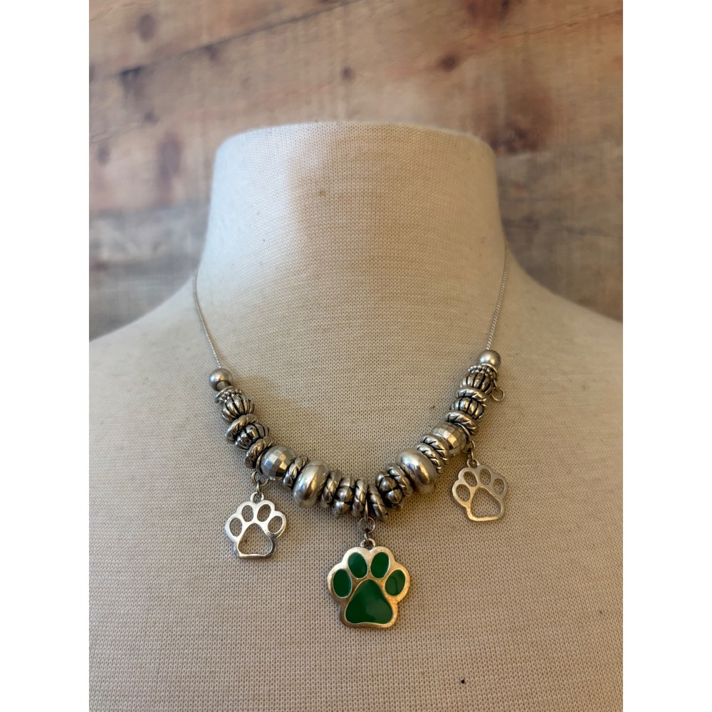 Silver Tone Green Enamel Paw Print Charm Beaded Necklace Adjustable